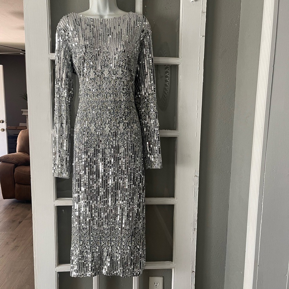 Mac Duggal Silver Long Sleeve Sequin Dress - Picture 5 of 14